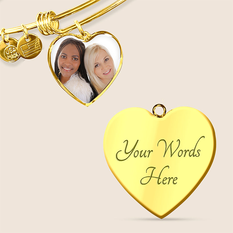 Gold custom photo bracelet showing the back of the pendant, customizable with engraving