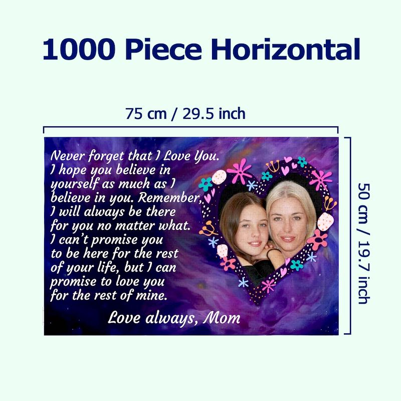 Size guide for the 1000-piece horizontal custom mother-daughter photo puzzle, showing dimensions of 75 cm / 29.5 inches wide by 50 cm / 19.7 inches high.