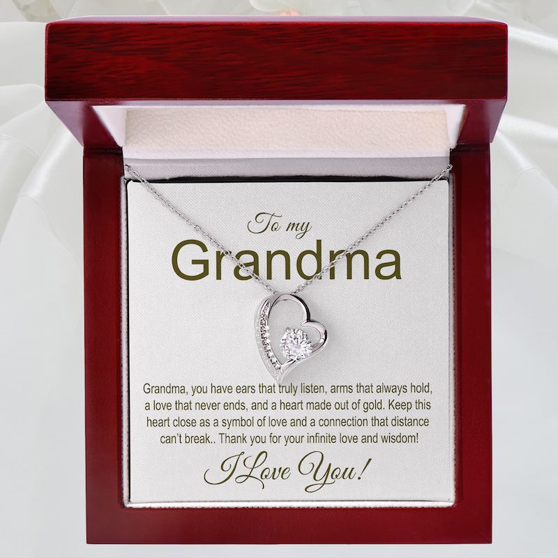 Grandma Gift Silver Heart-shaped necklace in a wooden box with a sentimental message for a grandma.
