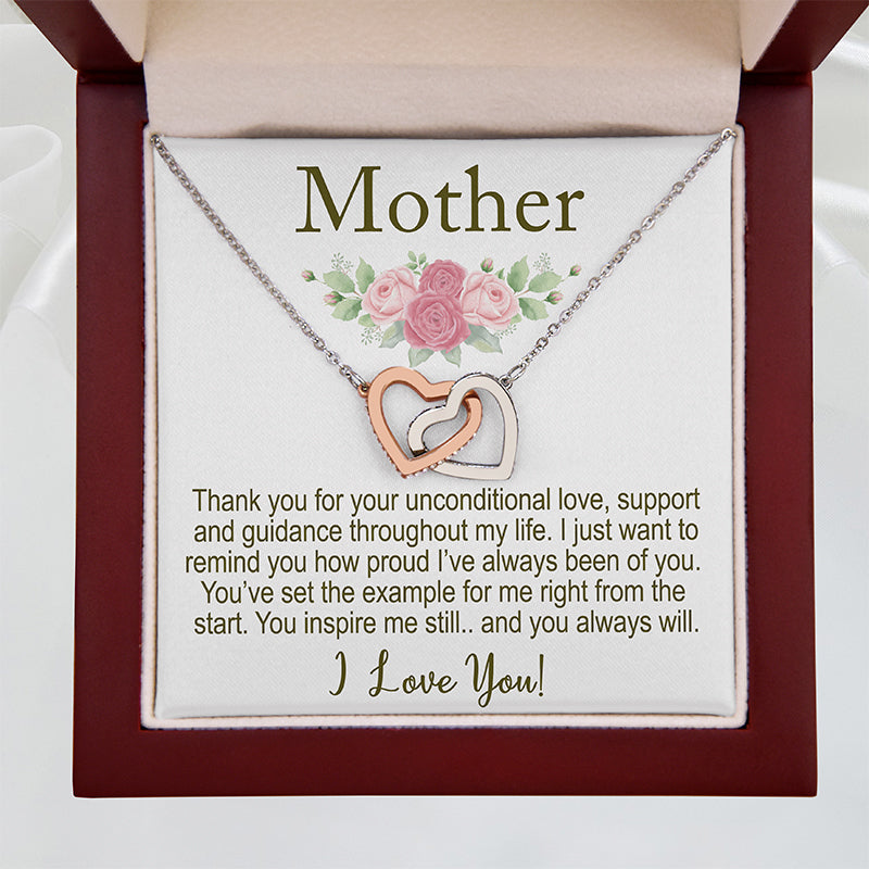 Necklace with a sentimental message card for 'Mother' in a box