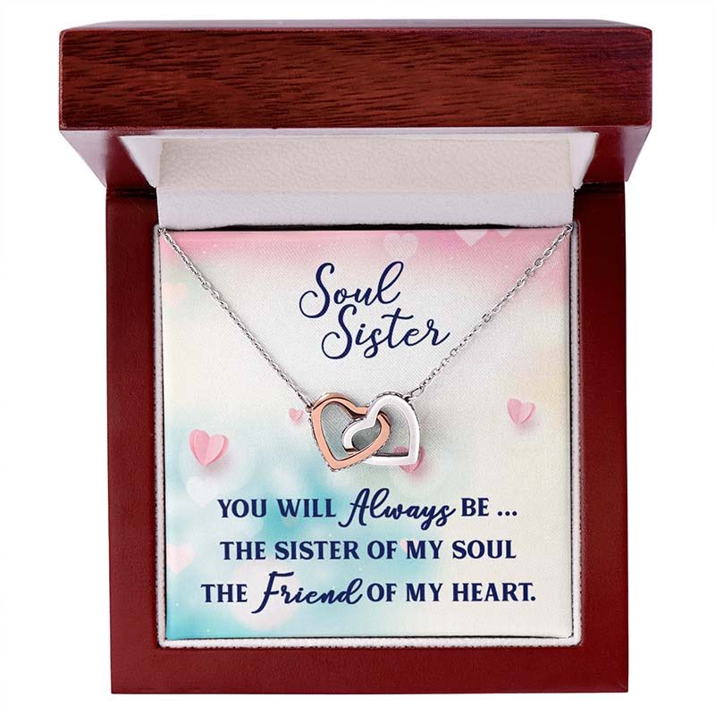 Soul sister necklace with interlocking heart pendants in a wooden box with a sentimental message card.