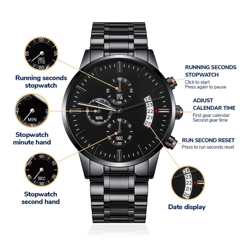 black chronograph watch chart shown the chronograph watch details: seconds stopwatch, minutes stopwatch, calendar and date display, shown on a white background.