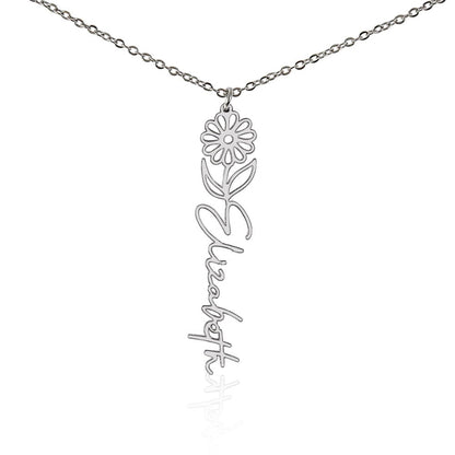 Silver name necklace with an April birth flower daisy pendant and personalized "Elizabeth' engraving on a white background