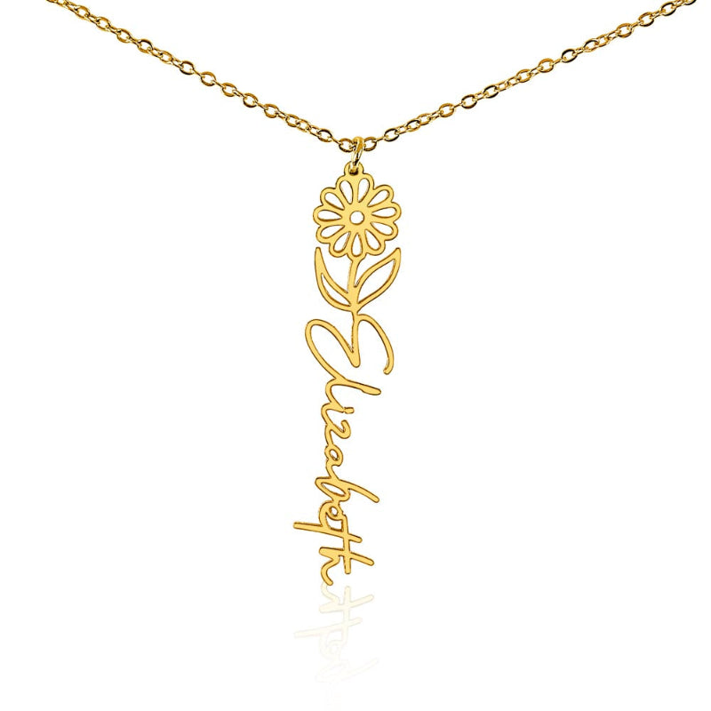 Gold custom birth flower name necklace with April birth flower daisy pendant and custom 'Elizabeth' engraving on a white background
