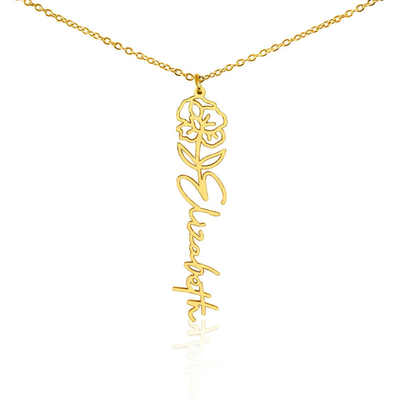 Gold necklace name custom with August flower birth poppy pendant and personalized 'Elizabeth engraving on a white background

