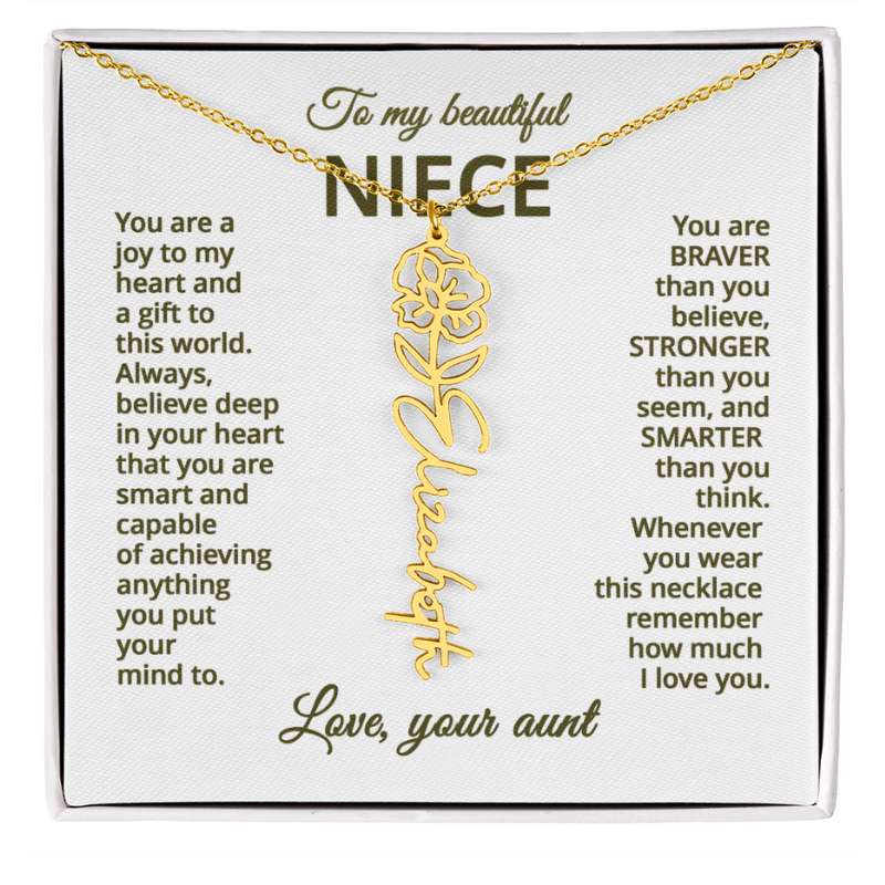 Gold necklace with poppy floral design on a card addressed to a niece, featuring sentimental message on a white background