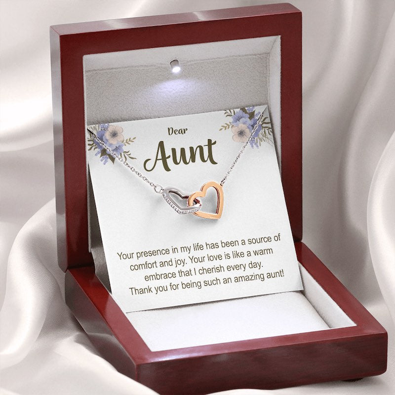 Necklace with interlocking heart pendants in a wooden box with a card message custom aunt gift.