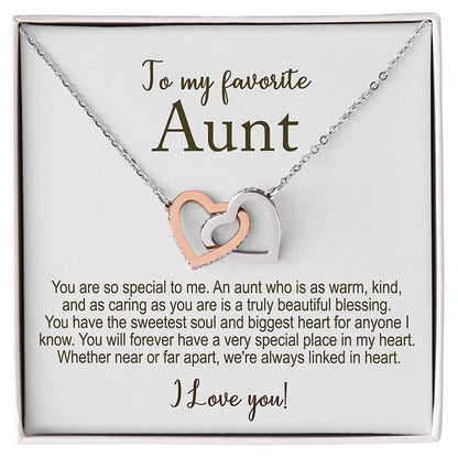 Necklace with interlocking heart pendants on a card for an aunt, featuring a message and 'I Love you!' text.