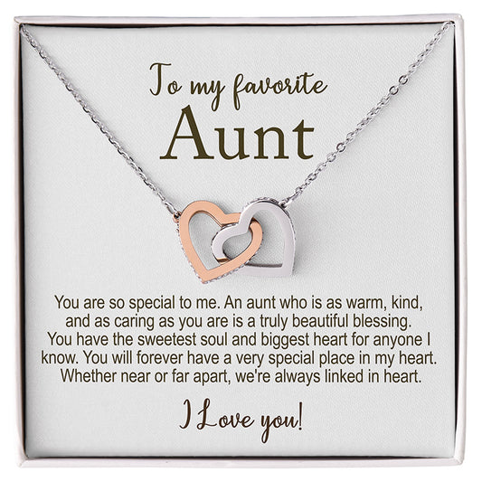 Necklace with interlocking heart pendants on a card for an aunt, featuring a message and 'I Love you!' text.