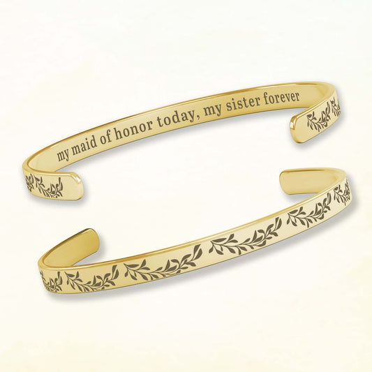 maid of honor gifts for bridesmaids - gold bracelet with engraved text on a white background