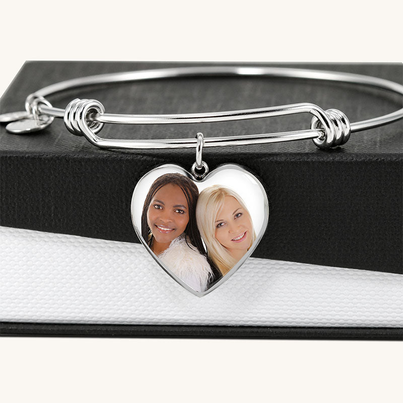 Custom Photo Bangle Bracelet Heart Pendant Engraved Message