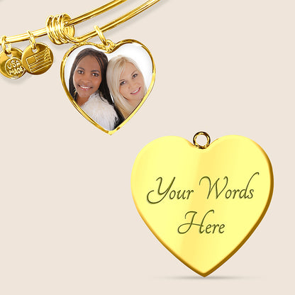 Custom Photo Bangle Bracelet Heart Pendant Engraved Message