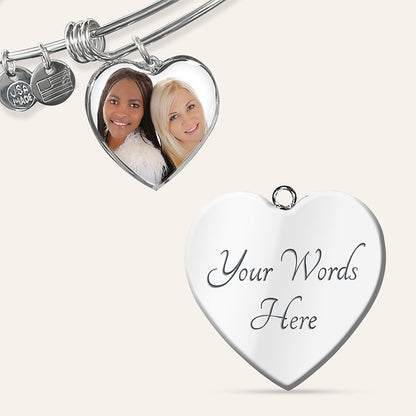 Custom Photo Bangle Bracelet Heart Pendant Engraved Message