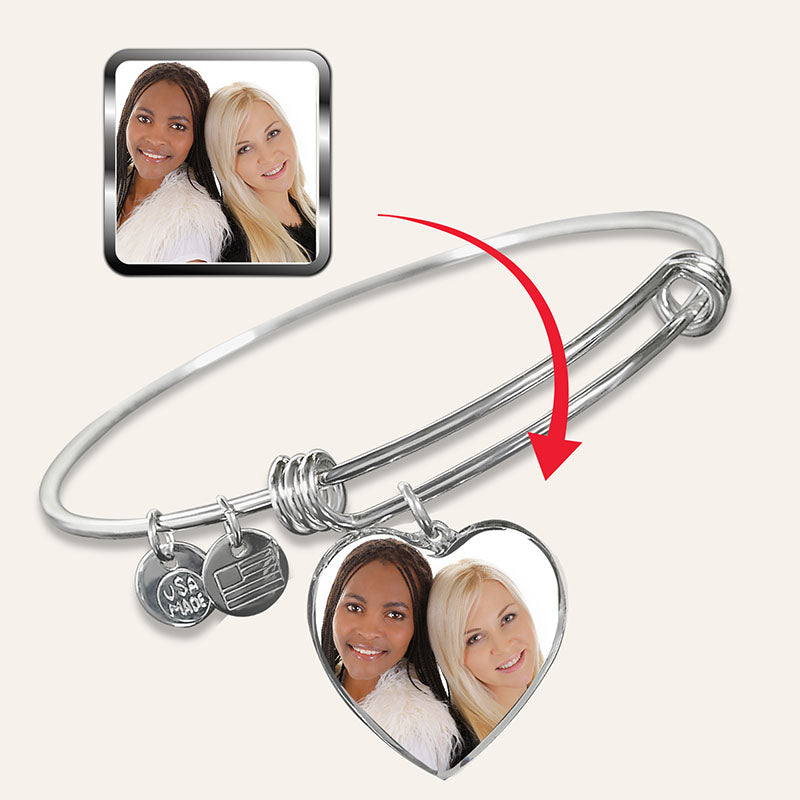 Custom Photo Bangle Bracelet Heart Pendant Engraved Message