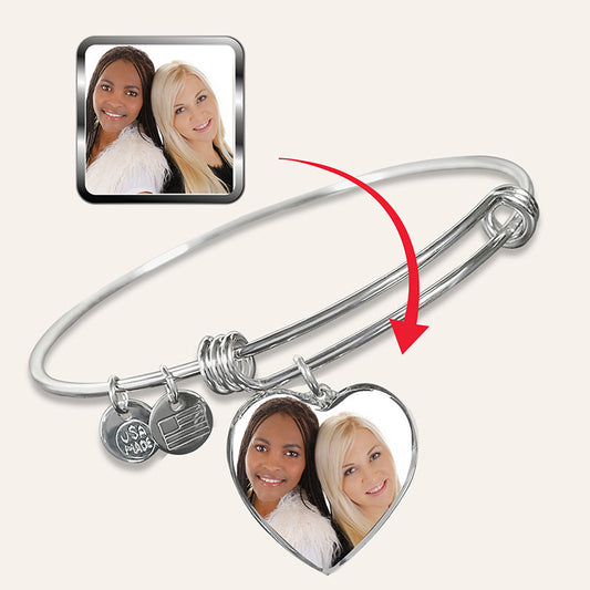 Custom Photo Bangle Bracelet Heart Pendant Engraved Message