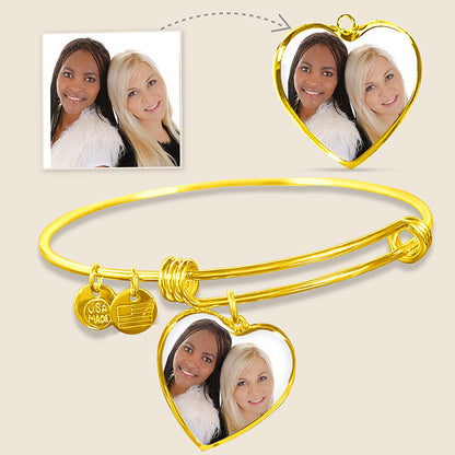 Custom Photo Bangle Bracelet Heart Pendant Engraved Message