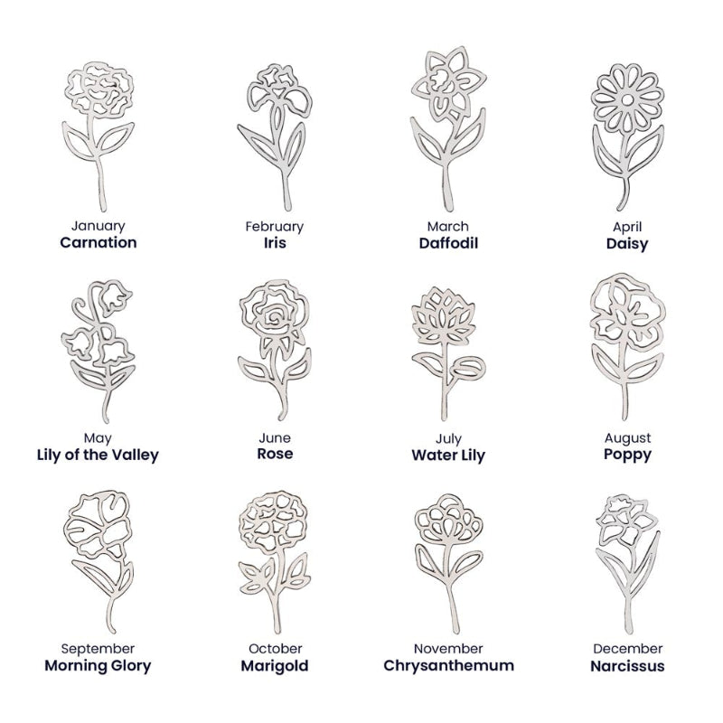 Illustrations of flowers corresponding to each month with their names for silver necklace.