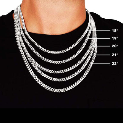 Silver chain necklace displayed on a person with measurements indicated.