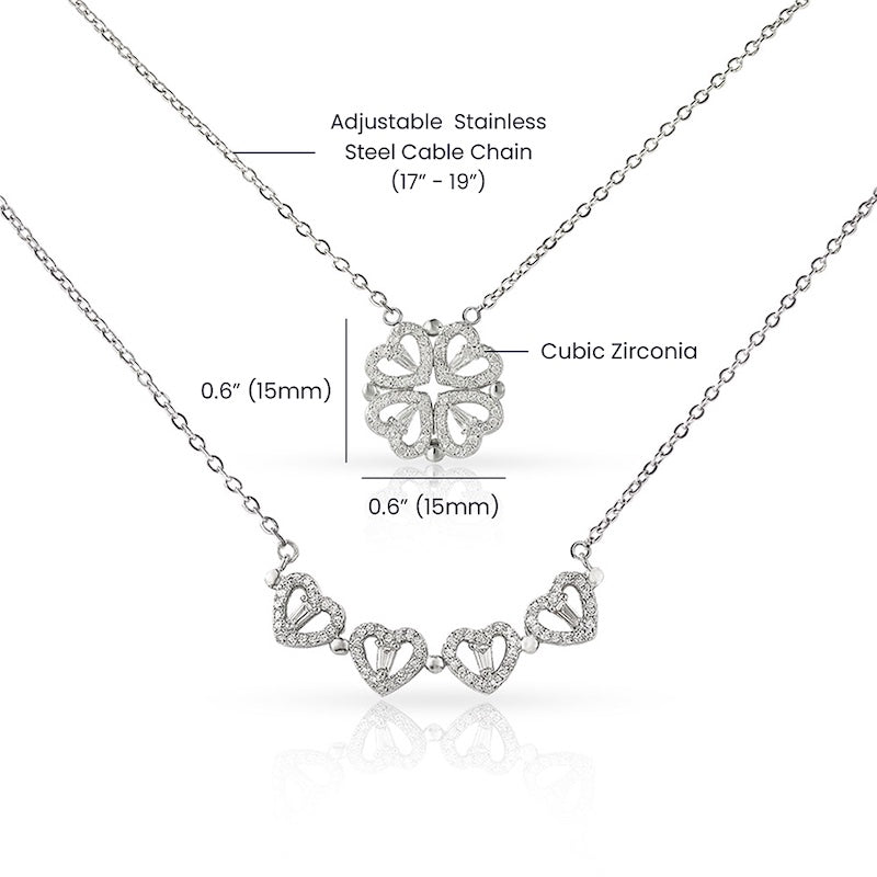 Silver necklace with heart designs and cubic zirconia stones on a white background