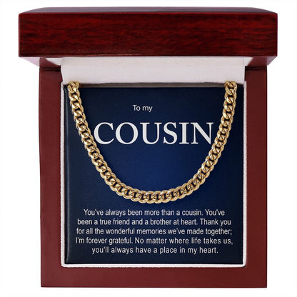 Men's gold Cuban link chain necklace set inside a mahogany wooden gift box featuring a navy blue card titled "To my COUSIN".   