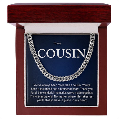 Men's silver Cuban link chain necklace set inside a mahogany wooden gift box featuring a navy blue card titled "To my COUSIN".   