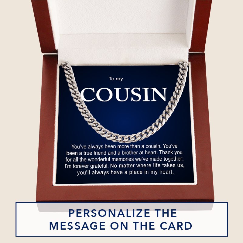 Men's silver Cuban link chain necklace set inside a wooden gift box with a navy blue message card, overlaid with promotional text reading "PERSONALIZE THE MESSAGE ON THE CARD".