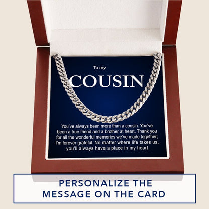 Men's silver Cuban link chain necklace set inside a wooden gift box with a navy blue message card, overlaid with promotional text reading "PERSONALIZE THE MESSAGE ON THE CARD".