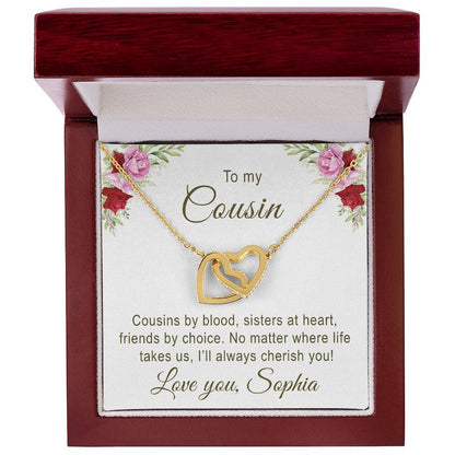 Gold necklace with interlocking hearts in a luxury box with a personalized message 'to my cousin' customizable with signature.