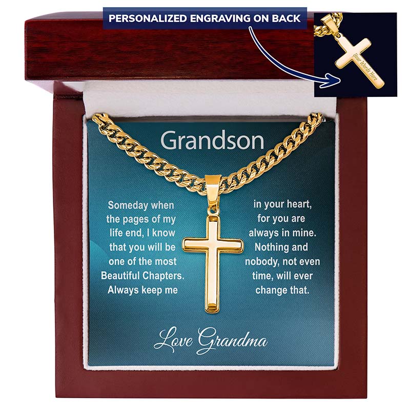 grandson gifts: Gold cross necklace engraved with a card message from grandma in a wooden box