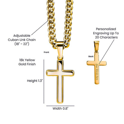 Gold cross pendant necklace with adjustable chain and personalized engraving feature on a white background.