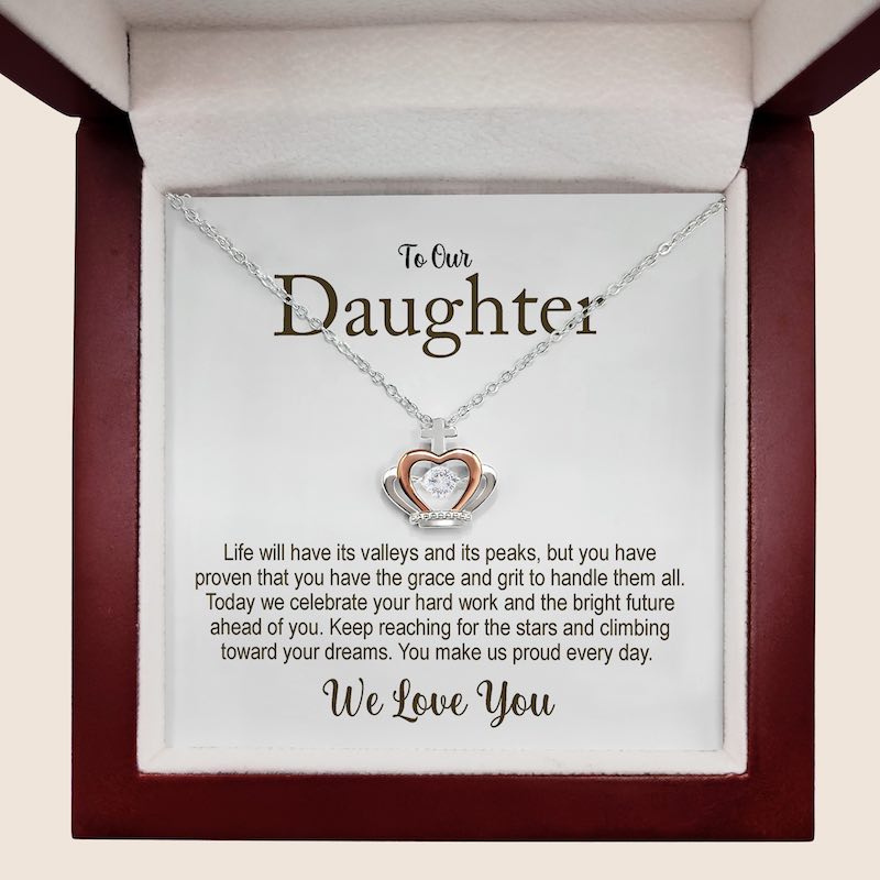 daughter graduation necklace: necklace with crown, heart pendant in a box with a message to a daughter.