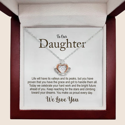daughter graduation necklace: necklace with crown, heart pendant in a box with a message to a daughter.