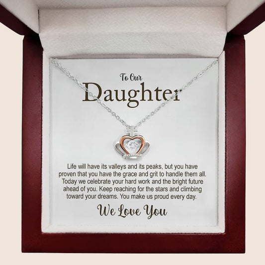 daughter graduation necklace: necklace with crown, heart pendant in a box with a message to a daughter.