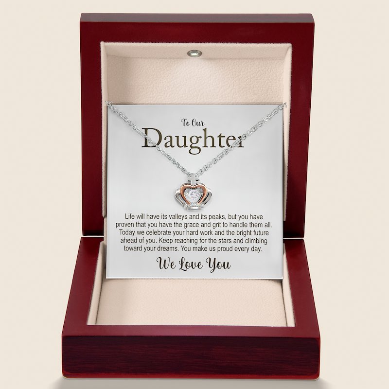 daughter graduation jewelry: necklace with a crown heart pendant in a wooden box with a message card for a daughter.