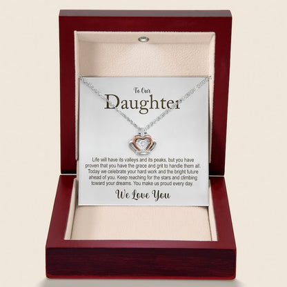 daughter graduation jewelry: necklace with a crown heart pendant in a wooden box with a message card for a daughter.
