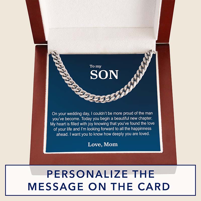 Silver Cuban link chain necklace in a luxury gift box with a blue “To My Son” message card, featuring a heartfelt wedding day message from Mom and an option to personalize the card.