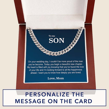 Silver Cuban link chain necklace in a luxury gift box with a blue “To My Son” message card, featuring a heartfelt wedding day message from Mom and an option to personalize the card.