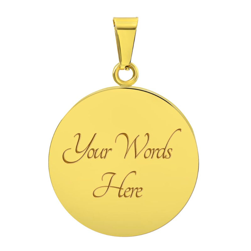 engraved circle necklace, gold pendant with 'Your Words Here' engraving on a white background