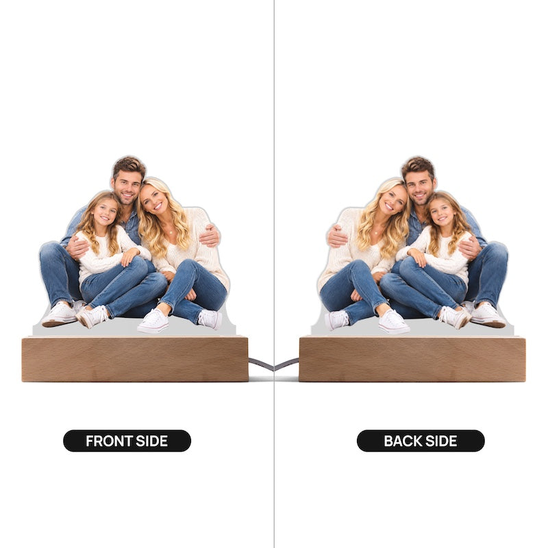 Front and back view of a custom double-sided acrylic family photo cutout plaque on a wooden LED base against a white background.
