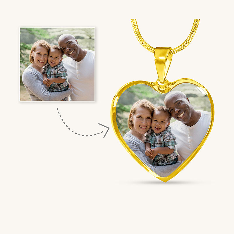Heart-shaped photo pendant with a family image on a white background