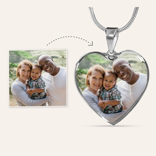 Personalized heart photo necklace featuring a family image inside the pendant, shown transforming from a square photo into a polished keepsake on a chain.