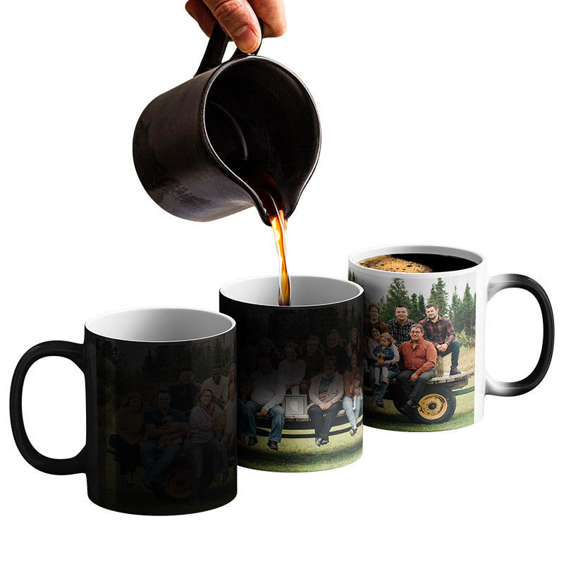 custom mug: person pouring coffee into a custom magic mug with a printed design of people by a car.