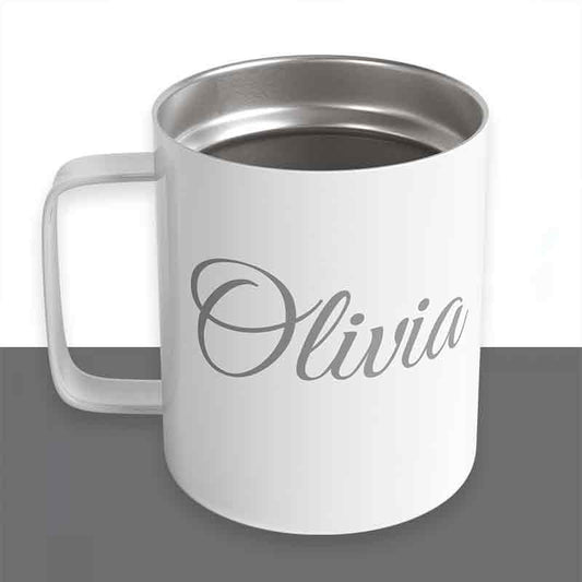 Custom engraved insulated stainless steel coffee mug in white, personalized with the name "Olivia" in cursive script.