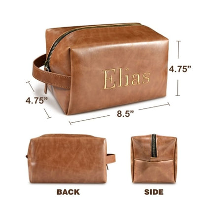 Size chart diagram for a brown PU leather toiletry bag custom embroidered with "Elias", showing dimensions 8.5 inches long, 4.75 inches wide, and 4.75 inches high, along with back and side views