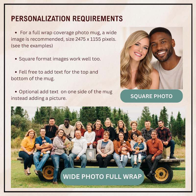 personalized mug: group photo of a family sitting on a truck bed with text about personalization requirements for a wrap-covered photo mug.