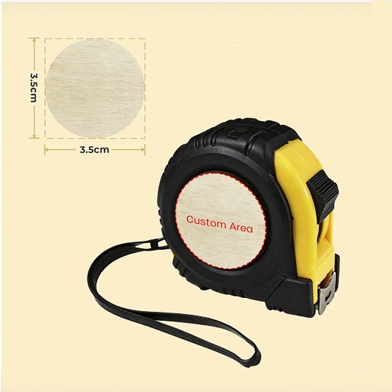 Laser engraved measuring tape
with wrist strap, featuring a circular custom engraving area labeled ‘Custom Area’ (3.5 cm diameter) on a beige background, with measurement guide shown