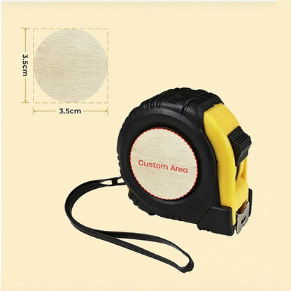 Laser engraved measuring tape
with wrist strap, featuring a circular custom engraving area labeled ‘Custom Area’ (3.5 cm diameter) on a beige background, with measurement guide shown