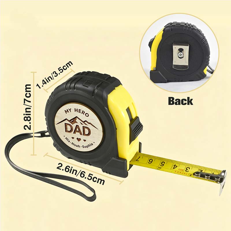 Personalized tape measure with engraved wooden "My Hero Dad" insert, featuring size measurements, extended tape, wrist strap, and belt clip.