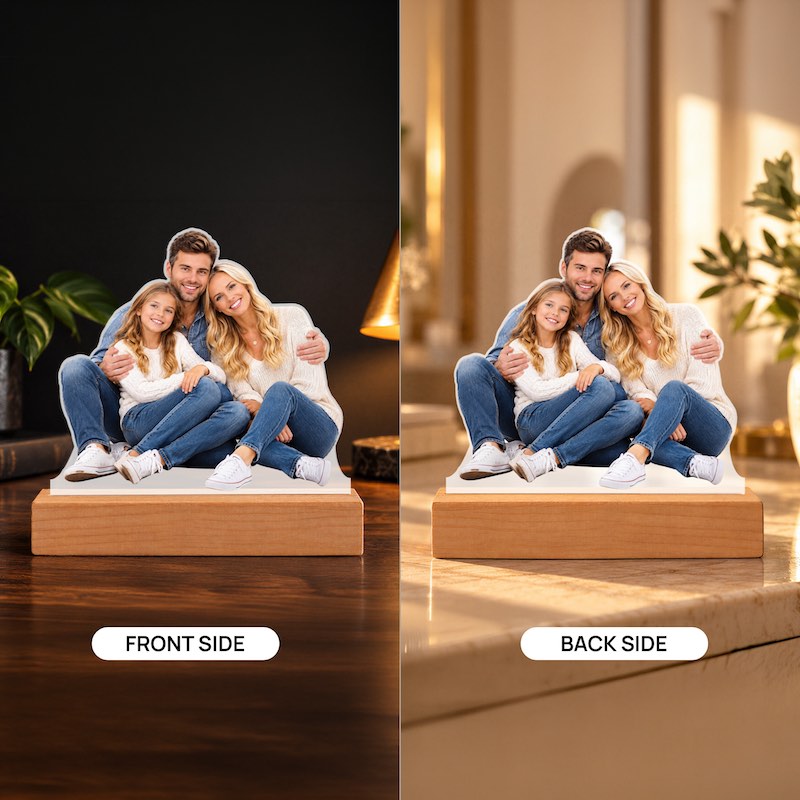 Front and back view of a custom double-sided acrylic family photo cutout plaque on a wooden base displayed in home interior settings.