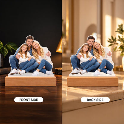 Front and back view of a custom double-sided acrylic family photo cutout plaque on a wooden base displayed in home interior settings.